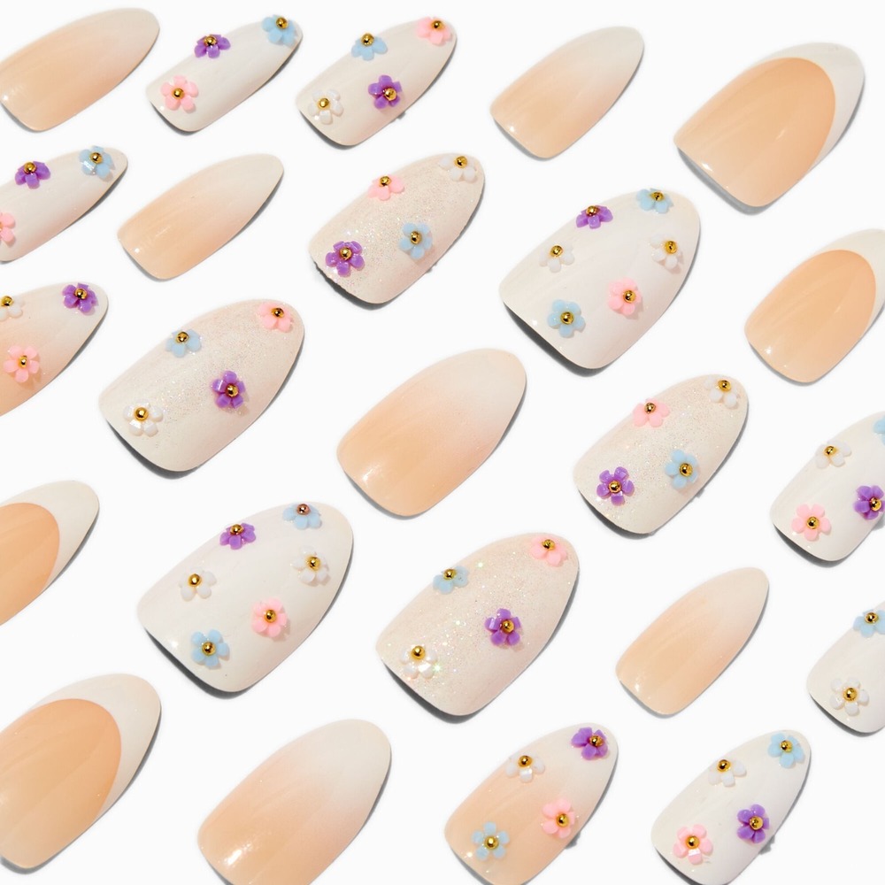 3D Pastel Flower White Stiletto‎ Vegan Faux Nail Set - 24 Pack